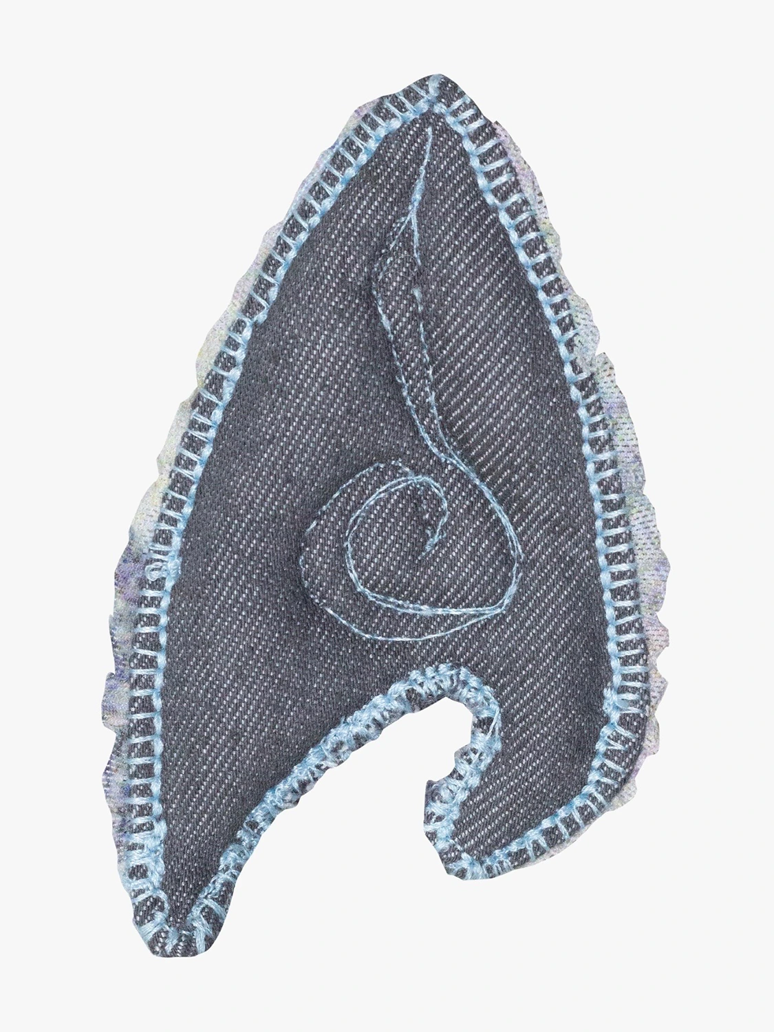 Dark denim wing-shaped hair clip with heart embroidery and light blue crochet trim