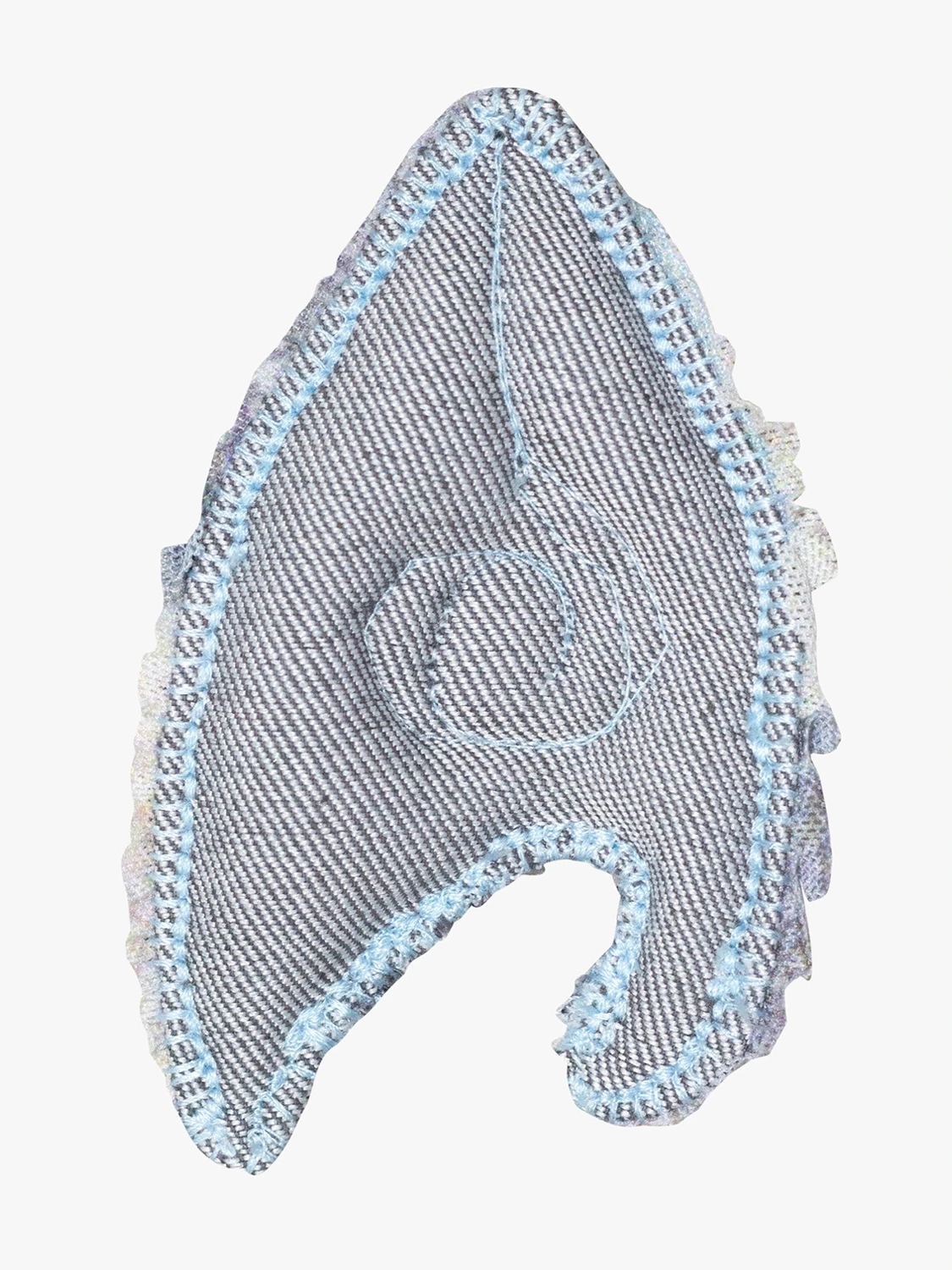 Light grey denim wing-shaped hair clip with circular embroidery and blue stitching